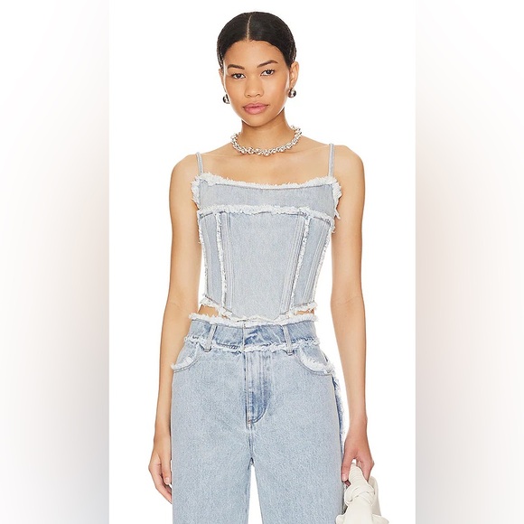 BY.DYLN Tops - By.Dyln 100% Cotton Sleeveless Light Blue Frayed Corset Montanna Denim Top